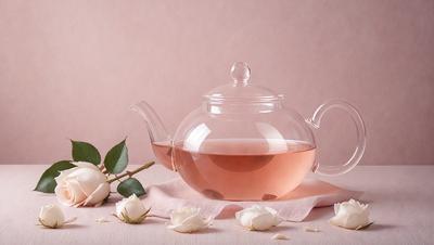 The primary subject of the image is a glass teapot filled with pink liquid, likely tea. The teapot is placed on a table, and there are white flowers surrounding it. The setting appears to be a cozy and inviting space, with the pink liquid and white flowers creating a warm and pleasant atmosphere. The visual style of the image is a close-up of the teapot and flowers, emphasizing the details and colors of the scene.