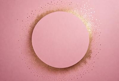 The primary subject of the image is a pink circle with gold glitter on it. The circle is placed on a pink background, which creates a visually appealing contrast. The visual style of the image is a combination of photo and digital art, as it appears to be a close-up of the circle with a textured background. The colors and mood of the image are predominantly pink and gold, giving it a warm and inviting atmosphere.