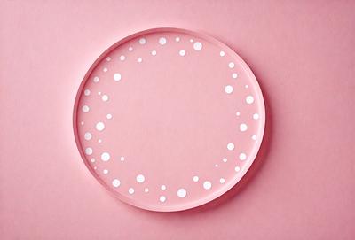 The primary subject of the image is a pink circle with white dots on it. The circle is placed on a pink background, which creates a visually appealing contrast. The visual style of the image is a combination of a photo and digital art, as it appears to be a close-up of a patterned surface. The colors and mood of the image are predominantly pink and white, giving it a clean and fresh appearance.