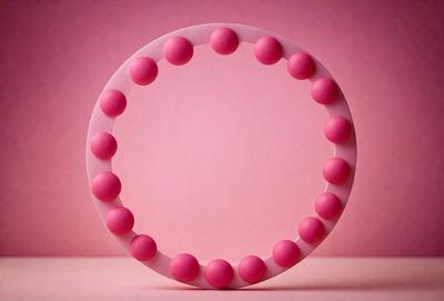 The primary subject of the image is a pink circle with a row of pink balls on it. The circle is placed on a pink background, which creates a visually appealing contrast. The visual style of the image is a combination of photo and digital art, as it appears to be a close-up of a 3D object. The colors and mood of the image are predominantly pink, giving it a warm and inviting atmosphere.
