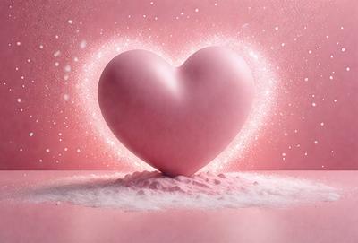 The primary subject of the image is a large, pink heart. The heart is placed on a surface that appears to be a mixture of snow and sand, creating a unique and visually interesting scene. The setting is a pink background, which adds to the overall mood and visual style of the image. The colors and mood of the image are predominantly pink, creating a warm and inviting atmosphere.