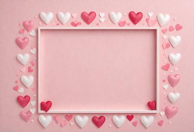 The primary subject of the image is a pink frame with hearts on it. The setting is a pink background, and the visual style is a combination of digital art and illustration. The dominant colors are pink and white, creating a warm and inviting atmosphere.