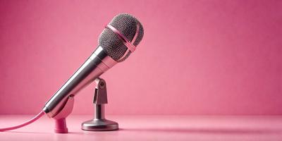 The primary subject of the image is a microphone, which is placed on a pink surface. The setting appears to be a studio or a recording environment. The visual style of the image is a photo, capturing the microphone and its surroundings. The colors in the image are predominantly pink, creating a warm and inviting atmosphere.