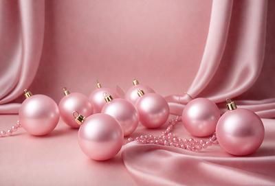The primary subject of the image is a pink fabric with a row of pink beads or ornaments hanging from it. The setting is a pink background, which adds to the overall mood of the scene. The visual style appears to be a combination of a photo and a pattern, creating a unique and eye-catching display. The colors and mood of the image are predominantly pink, giving it a warm and inviting atmosphere.
