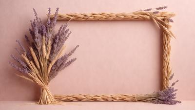 The primary subject of the image is a pink background with a frame that features a purple flower and a straw or wheat-like material. The setting is a pink surface, and the visual style appears to be a combination of a photo and a digital art or illustration. The colors and mood of the image are predominantly pink and purple, creating a warm and inviting atmosphere.