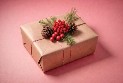 The primary subject of the image is a brown box with a bow on top, containing a pinecone and berries. The setting is a pink background, which adds a warm and festive touch to the scene. The visual style is a close-up of the box, showcasing the details of the bow and the pinecone and berries. The colors and mood of the image are predominantly warm and cozy, with the pink background and the natural elements of the pinecone and ber