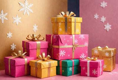 The primary subject of the image is a stack of colorful gift boxes, which are pink, yellow, green, and orange. These boxes are arranged in a visually appealing manner, creating a festive and joyful atmosphere. The setting is a table, and the visual style is a combination of photo and digital art. The colors and mood of the image are vibrant and cheerful, with the pink, yellow, green, and orange gift boxes standing out as the main focus.