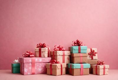 The primary subject of the image is a collection of wrapped presents. The presents are arranged in a pile, with some of them being stacked on top of each other. The setting is a pink wall, which serves as the background for the presents. The visual style of the image is a combination of photo and digital art, creating a realistic yet artistic representation of the presents. The colors and mood of the image are predominantly pink, which adds a warm and festive atmosphere to the scene.