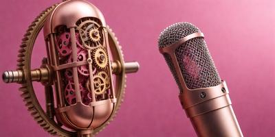 The primary subject of the image is a pair of antique-looking microphones, one of which is a large, ornate, and intricately designed microphone with a clockwork mechanism. The other microphone is a smaller, more traditional design. The setting is a pink background, which adds a vibrant and warm atmosphere to the scene. The visual style of the image is a combination of photo and digital art, creating a unique and eye-catching presentation. The colors and mood of the image are predomin