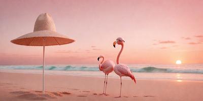 The primary subject of the image is a pair of flamingos standing on a sandy beach. The setting is a beach with a pink sky in the background. The visual style is a painting, which gives the image a vibrant and artistic appearance. The colors and mood of the image are predominantly pink, creating a warm and inviting atmosphere.