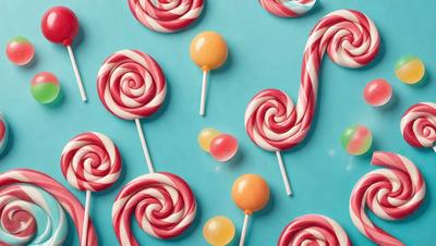 The primary subject of the image is a close-up of a variety of lollipops, including a candy cane, placed on a blue surface. The setting is a table with a blue background, and the visual style is a combination of photo and digital art. The colors and mood of the image are vibrant and cheerful, with the lollipops being the main focus of the scene.
