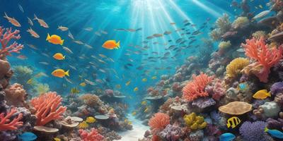 Primary subject: A school of fish swimming in the ocean.

Setting/background: The fish are swimming in a coral reef, surrounded by various types of coral and other marine life.

Visual style: The image is a photo of the underwater scene.

Colors and mood: The colors in the image are predominantly shades of blue, green, and yellow, creating a vibrant and lively atmosphere.