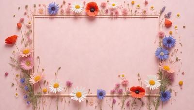 The primary subject of the image is a pink wall with a variety of flowers, including daisies and red and yellow flowers, arranged on it. The setting is a pink background, and the visual style is a combination of photo and digital art. The colors and mood of the image are predominantly pink and vibrant, creating a warm and inviting atmosphere.