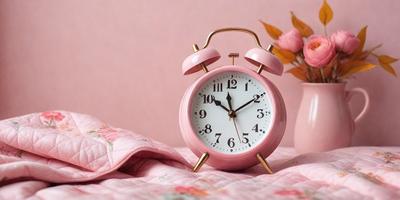 The primary subject of the image is a pink alarm clock with gold accents. The clock is placed on a pink surface, which could be a bed or a table. The setting appears to be a cozy and warm environment, possibly a bedroom or a living space. The visual style of the image is a close-up of the alarm clock, highlighting its details and colors. The dominant colors in the image are pink and gold, creating a sense of warmth and comfort.