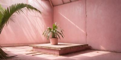 The primary subject of the image is a potted plant, which is placed on a pink bench. The setting is a pink room with a pink wall, and the visual style appears to be a photo. The colors and mood of the image are predominantly pink, creating a warm and inviting atmosphere.