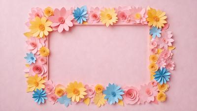 The primary subject of the image is a pink frame with a variety of flowers and leaves adorning it. The flowers are in different colors, including blue, yellow, and pink. The setting is a pink background, which complements the frame and flowers. The visual style is a combination of digital art and illustration, creating a vibrant and lively atmosphere. The colors and mood of the image are cheerful and lively, with the pink frame and flowers adding a touch of warmth and happiness to the
