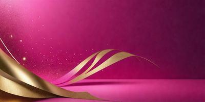 The primary subject of the image is a gold ribbon or streamer, which is the main focus of the scene. The ribbon is displayed against a pink background, creating a visually striking contrast. The visual style of the image is a combination of photo and digital art, as it appears to be a close-up of the ribbon, yet it also has a digital art quality to it. The colors and mood of the image are predominantly pink, which gives it a warm and inviting atmosphere.