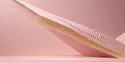 The primary subject of the image is a piece of artwork made from paper, featuring a pink background and a gold border. The artwork is a three-dimensional structure, possibly a sculpture or a decorative piece. The setting is a pink background, which complements the artwork's color scheme. The visual style of the image is a combination of digital art and illustration, as it is a creative and intricate design. The colors and mood of the image are warm and inviting, with the pink
