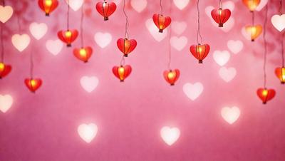 The primary subject of the image is a collection of heart-shaped lanterns hanging from strings. The lanterns are red and yellow, and they are suspended in the air, creating a visually appealing display. The setting is a pink wall, which serves as a backdrop for the heart-shaped lanterns. The visual style of the image is a combination of photo and digital art, as the lanterns are depicted in a realistic manner while the pink wall adds a touch of digital
