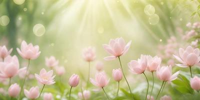 The primary subject of the image is a field of pink flowers, with the sun shining brightly on them. The setting is a lush green field, and the visual style is a natural, outdoor scene. The colors and mood of the image are predominantly pink, creating a warm and inviting atmosphere.