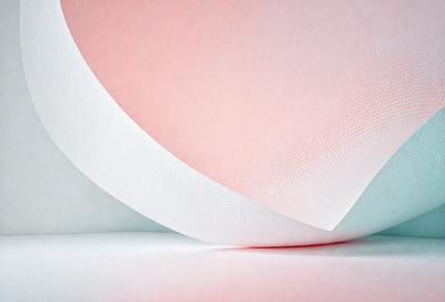 The primary subject of the image is a piece of paper with a pink and white color scheme. The paper is folded in a way that it appears to be a triangle. The setting is a table, and the visual style is a close-up of the paper. The colors and mood of the image are predominantly pink and white, giving it a clean and elegant appearance.