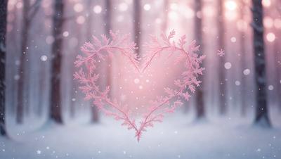 The primary subject of the image is a heart-shaped design made of pink and white flowers. The heart is placed in a snowy forest setting, surrounded by trees. The visual style of the image is a combination of digital art and illustration, creating a unique and artistic representation of the heart. The colors and mood of the image are predominantly pink and white, giving it a warm and romantic atmosphere.