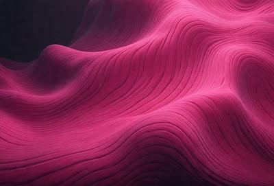The primary subject of the image is a large, pink, wavy surface that resembles a wave or a piece of fabric. The setting is a dark background, which contrasts with the vibrant pink color of the surface. The visual style appears to be a combination of a photo and a digital art or illustration, as the pink surface has a slightly textured and patterned appearance. The colors and mood of the image are predominantly pink, creating a warm and inviting atmosphere.