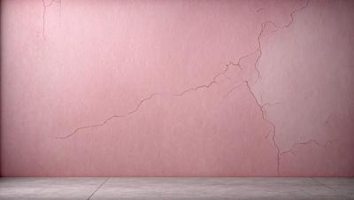The primary subject of the image is a pink wall with a cracked and peeling surface. The setting is a room with a concrete floor. The visual style is a close-up of the wall, showcasing the damaged texture. The colors and mood of the image are predominantly pink, giving it a slightly distressed and aged appearance.