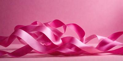 The primary subject of the image is a pink ribbon. The ribbon is wound up and appears to be made of fabric. The setting is a pink background, which complements the color of the ribbon. The visual style of the image is a close-up of the pink ribbon, showcasing its texture and details. The colors and mood of the image are predominantly pink, creating a warm and inviting atmosphere.