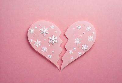 The primary subject of the image is a heart-shaped paper cutout with a broken half. The heart is made of paper and features snowflakes as decoration. The setting is a pink background, which adds a warm and cozy atmosphere to the scene. The visual style is a combination of digital art and illustration, as the paper cutout is carefully crafted and the snowflakes are intricately designed. The colors and mood of the image are predominantly pink, which symbolizes love and