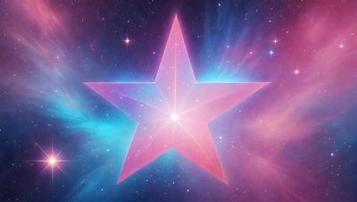 The primary subject of the image is a pink star, which is the main focus of the scene. The setting is a colorful, star-filled sky, with the star being the central point of interest. The visual style of the image is a combination of digital art and illustration, creating a vibrant and lively atmosphere. The dominant colors in the image are pink and blue, with the pink star standing out against the blue background.