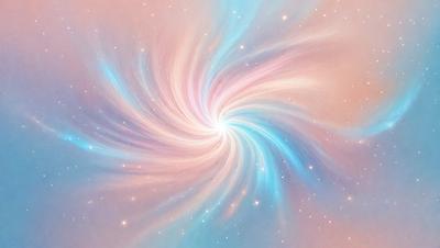 The primary subject of the image is a spiral or vortex, which is a swirling pattern. The setting is a space background, and the visual style appears to be a digital art or illustration. The dominant colors in the image are blue and pink, creating a vibrant and lively atmosphere.