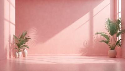 The primary subject of the image is a pink wall with a shadow cast on it. The setting is a room with a pink wall and a window. The visual style is a painting, and the colors and mood are predominantly pink, creating a warm and inviting atmosphere.