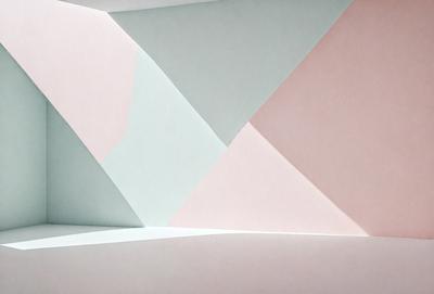 The primary subject of the image is a wall with a pink and blue color scheme. The setting is a room with a white surface, and the visual style appears to be a combination of photo and digital art. The dominant colors are pink and blue, creating a warm and inviting atmosphere.