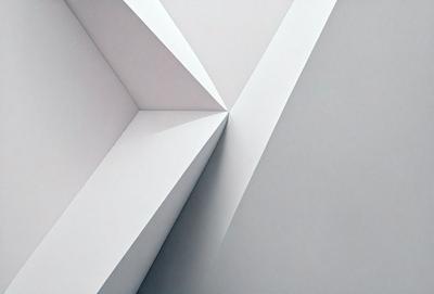 The primary subject of the image is a white triangle, which is the main object, scene, or focus of the image. The setting is a white wall, and the visual style is a photo. The dominant colors are white, and the overall atmosphere is clean and minimalistic.