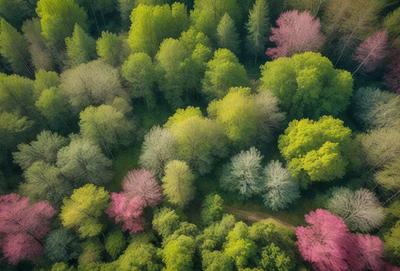 The primary subject of the image is a forest filled with trees of various colors. The setting is a lush green forest with a variety of tree species. The visual style is a combination of photo and digital art, creating a vibrant and colorful scene. The dominant colors are green, pink, and white, giving the forest a lively and serene atmosphere.