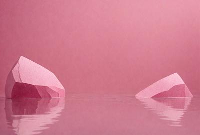 The primary subject of the image is a pink rock, which is placed in a body of water. The setting is a pink background, which creates a unique and visually striking scene. The visual style of the image is a combination of photo and digital art, giving it a surreal and artistic appearance. The dominant colors in the image are pink and white, creating a warm and calming atmosphere.