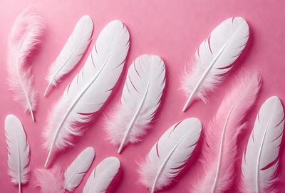 The primary subject of the image is a collection of white feathers, which are arranged in various positions on a pink background. The feathers are spread out across the background, creating a visually appealing and artistic display. The visual style of the image is a combination of photo and digital art, as the feathers are arranged in a way that resembles a painting or a digital illustration. The colors and mood of the image are predominantly pink, which gives the scene a warm and inviting atmosphere.