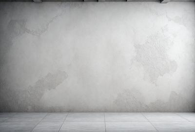 The primary subject of the image is a large, white wall with a rough texture. The setting is a room with a concrete floor. The visual style is a photo, and the colors and mood are predominantly white, giving the scene a clean and minimalist appearance.