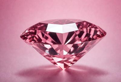 The primary subject of the image is a large, pink, square-shaped diamond. The diamond is placed on a pink surface, which serves as the setting or background. The visual style of the image is a close-up of the diamond, showcasing its unique shape and color. The dominant colors in the image are pink and white, creating a warm and elegant atmosphere.