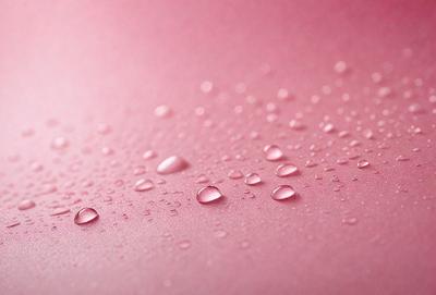 The primary subject of the image is a close-up of a pink surface with water droplets on it. The setting is a pink background, and the visual style is a photo. The colors and mood of the image are predominantly pink, creating a warm and inviting atmosphere.
