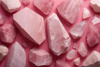 The primary subject of the image is a collection of pink rocks, which are the main objects in the scene. The setting is a pink background, which provides a contrasting and visually appealing backdrop for the rocks. The visual style of the image is a close-up of the rocks, showcasing their unique shapes and textures. The dominant colors in the image are pink, which gives the scene a warm and inviting atmosphere.