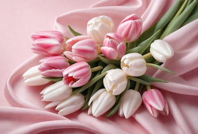 The primary subject of the image is a bouquet of pink and white tulips. The bouquet is placed on a pink background, which adds a touch of elegance to the scene. The visual style of the image is a close-up of the flowers, showcasing their details and beauty. The colors and mood of the image are predominantly pink and white, creating a sense of freshness and natural beauty.