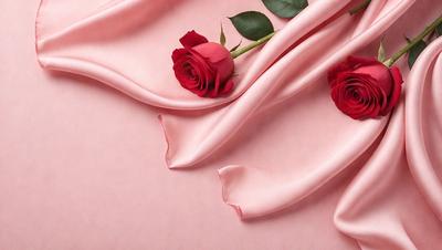 The primary subject of the image is a pink sheet with a rose and a leaf on it. The setting is a pink background, and the visual style is a photo. The dominant colors are pink and red, creating a warm and romantic atmosphere.