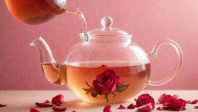 The primary subject of the image is a glass teapot filled with tea, placed on a table. The setting is a pink background, which adds a warm and inviting atmosphere to the scene. The visual style is a photo, capturing the details of the teapot and the surrounding environment. The colors and mood of the image are predominantly pink, creating a sense of warmth and comfort.