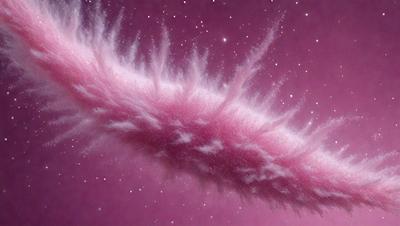 The primary subject of the image is a pink, purple, and white cloud-like object that appears to be floating in space. The setting is a dark, star-filled sky, creating a dramatic and atmospheric backdrop. The visual style is a combination of digital art and illustration, giving the image a unique and artistic appearance. The dominant colors in the image are pink, purple, and white, creating a sense of warmth and tranquility.