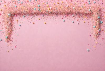 The primary subject of the image is a pink background with a pattern of colorful sprinkles. The setting is a close-up of the pink background, showcasing the sprinkles' pattern. The visual style is a combination of a photo and digital art, as the sprinkles appear to be digitally created and placed on the pink surface. The colors and mood of the image are predominantly pink, with the sprinkles adding a touch of vibrancy and playfulness to the