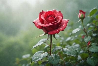 The primary subject of the image is a single red rose, which is the main focus of the scene. The rose is surrounded by a lush green background, indicating that it is in a garden or a natural environment. The visual style of the image is a close-up of the rose, showcasing its details and beauty. The dominant colors in the image are red and green, creating a warm and vibrant atmosphere.