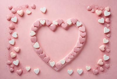 The primary subject of the image is a heart-shaped arrangement of pink and white candy hearts. The heart is made up of multiple candy hearts, which are placed together to create the heart shape. The setting is a pink background, which adds to the overall mood of the image. The visual style is a combination of photo and digital art, as the candy hearts are arranged in a visually appealing manner. The colors and mood of the image are predominantly pink and warm, creating a sense of
