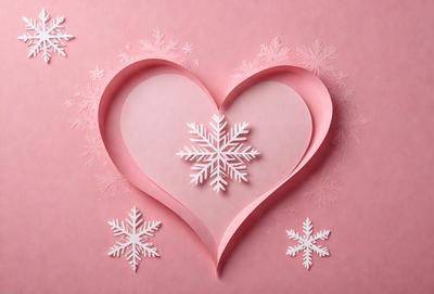 The primary subject of the image is a heart-shaped cutout made from paper, featuring a snowflake pattern. The heart is pink and is placed on a pink background. The visual style of the image is a combination of digital art and illustration, creating a unique and creative design. The colors and mood of the image are predominantly pink, which gives it a warm and inviting atmosphere.